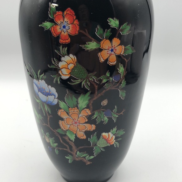 VINTAGE VASE BLACK GLASS GOLD RIM FLORAL TRANSFER DESIGN 8.0 "TALL - Picture 5 of 5
